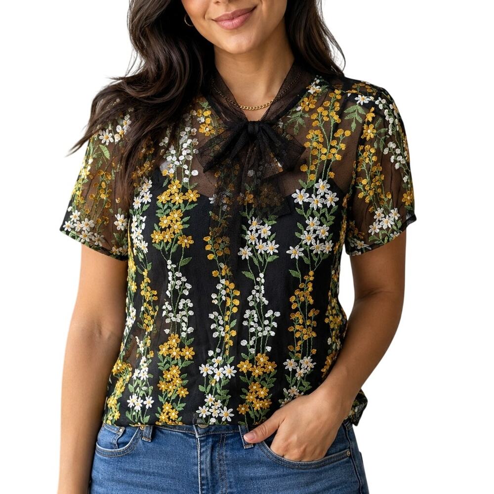 Fairycore Floral Embroidered Mesh Bow Blouse Black Yellow Large